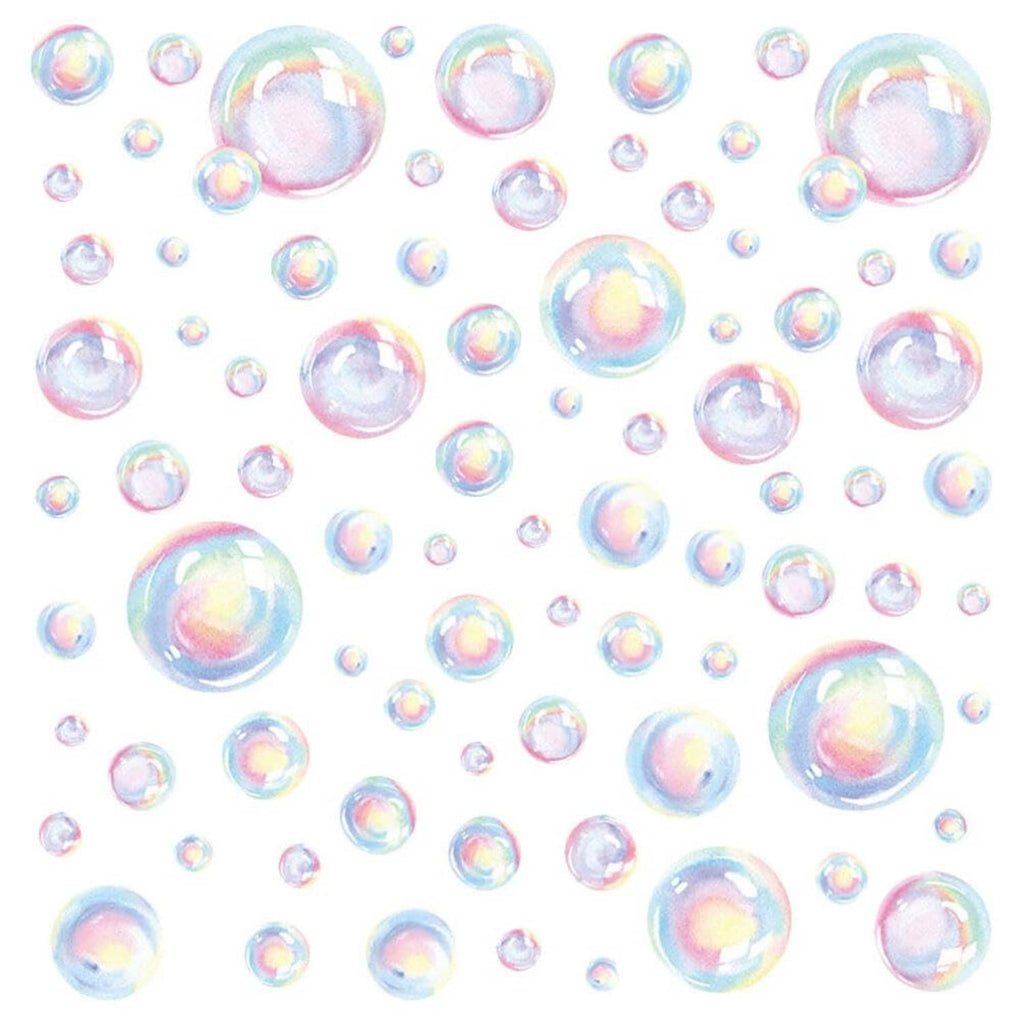 Rainbow bubble wall decal set with many iridescent bubble circles and small foam bubbles
