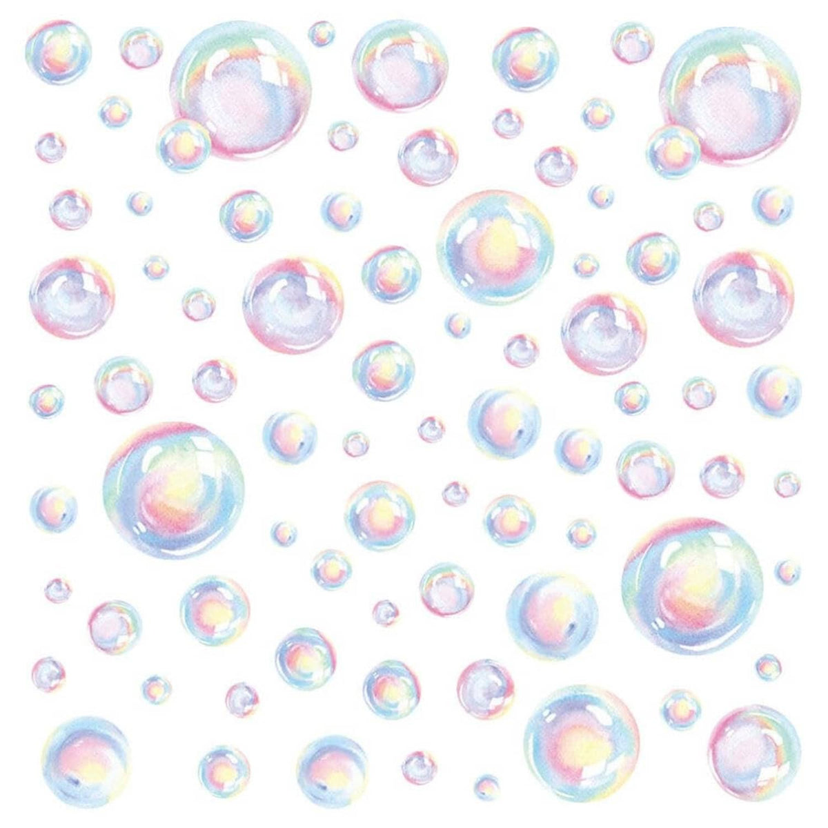 Rainbow bubble wall decal set with many iridescent bubble circles and small foam bubbles