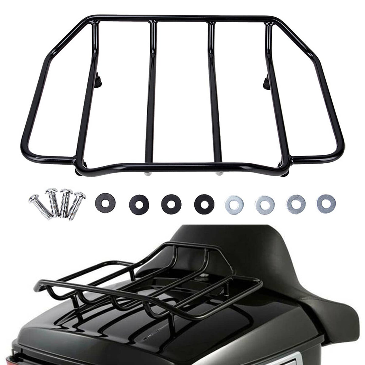 Black metal luggage top rack with side rails and mounting hardware kit
