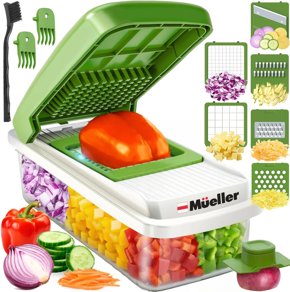 White and green Mueller vegetable chopper mandoline slicer with blade tray open