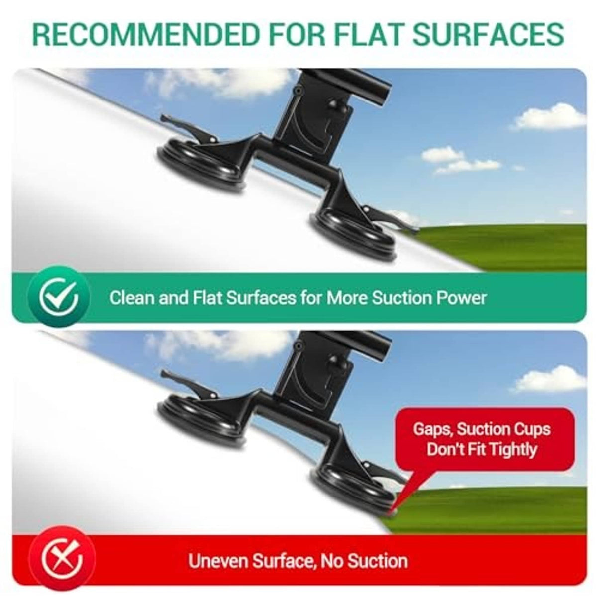 RV suction cup flag mount shown on flat surfaces with two-cup base design