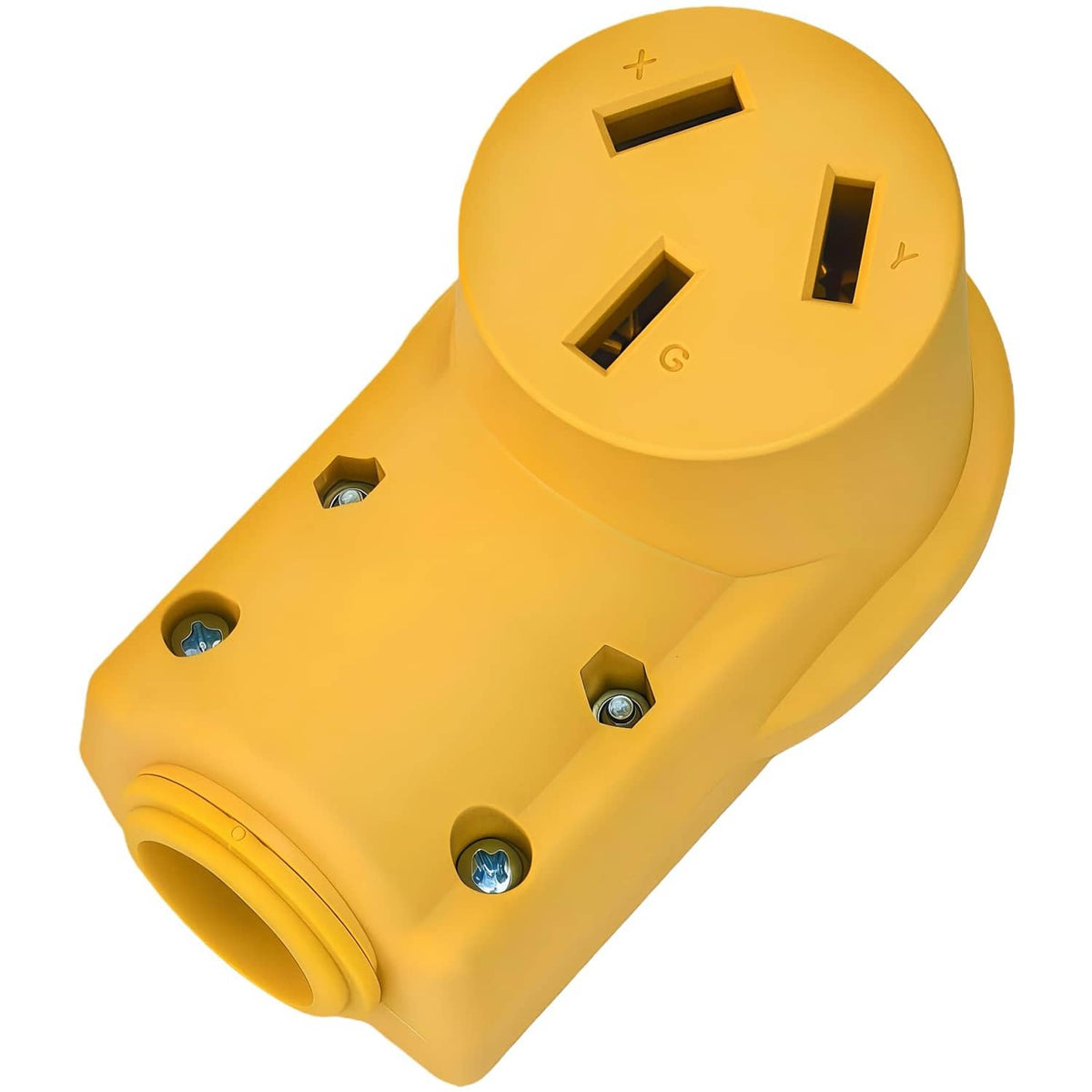 Industrial yellow NEMA 10-50R female receptacle plug with grounding pin and contact openings