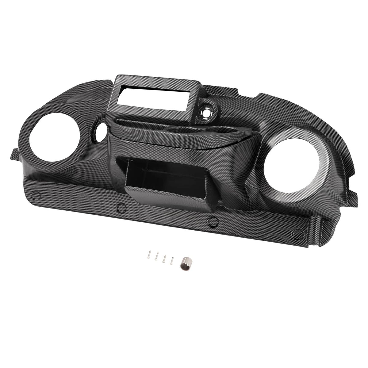 Golf cart radio dashboard cover, carbon-fiber texture, with screw hardware included.