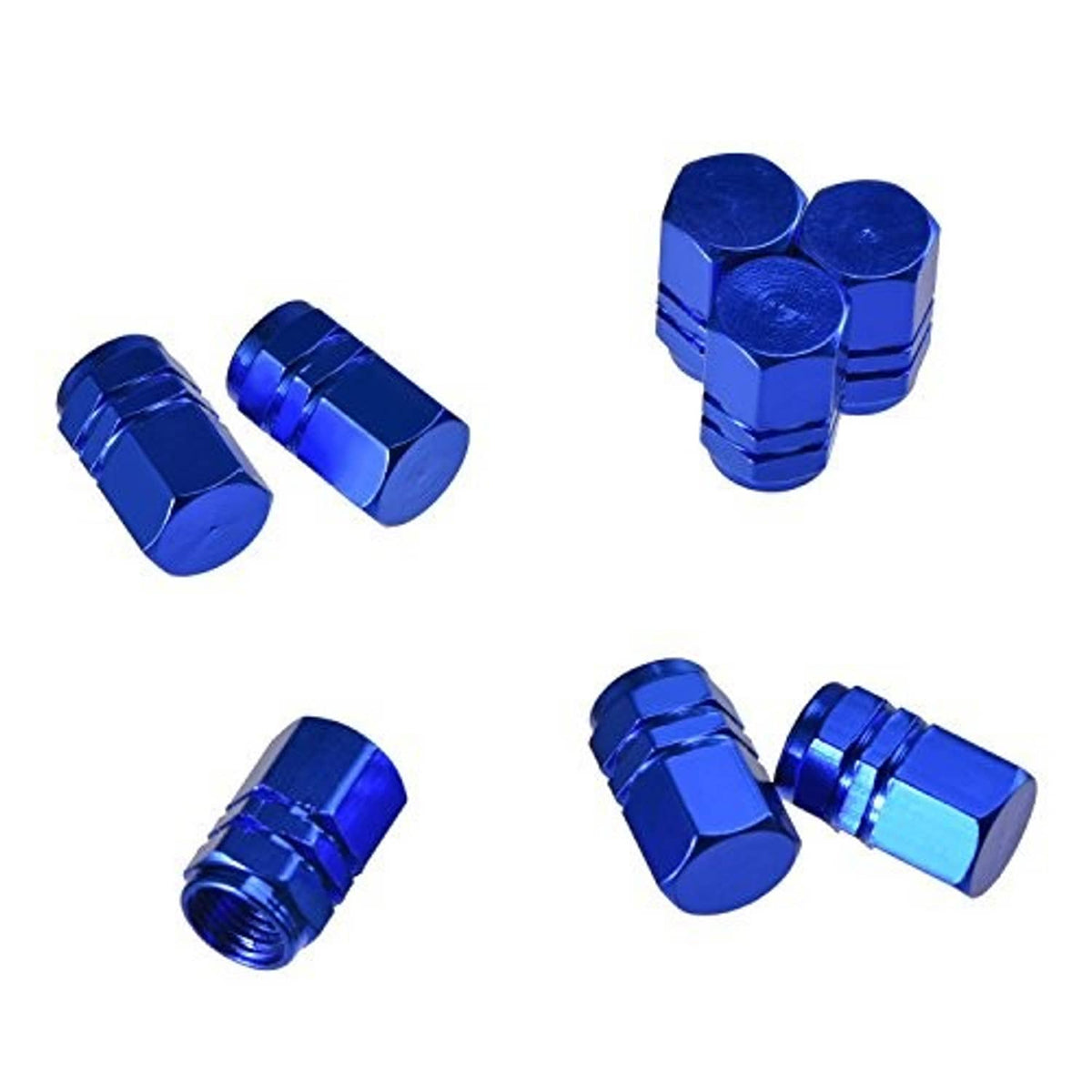 Blue hex aluminum tire valve stem caps, assorted angles showing threaded ends