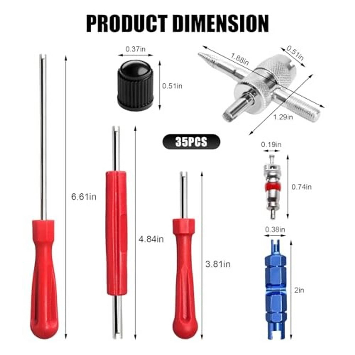 Valve stem puller tool and valve core pieces with black caps, shown with size markings
