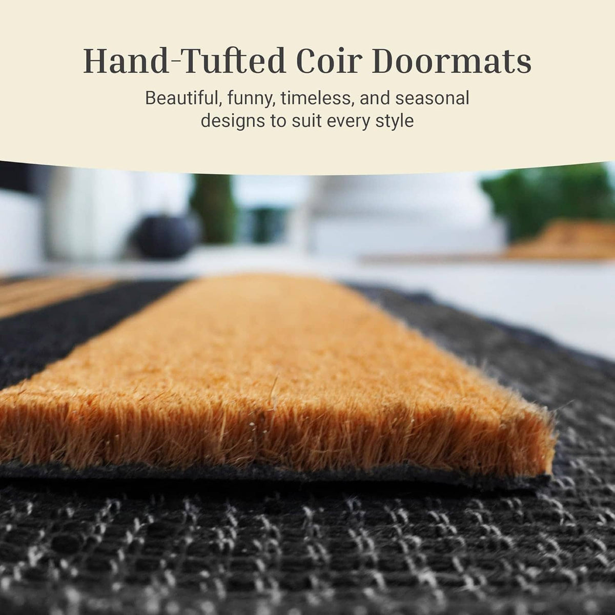 Natural coir door mat with thick brown textured fiber top