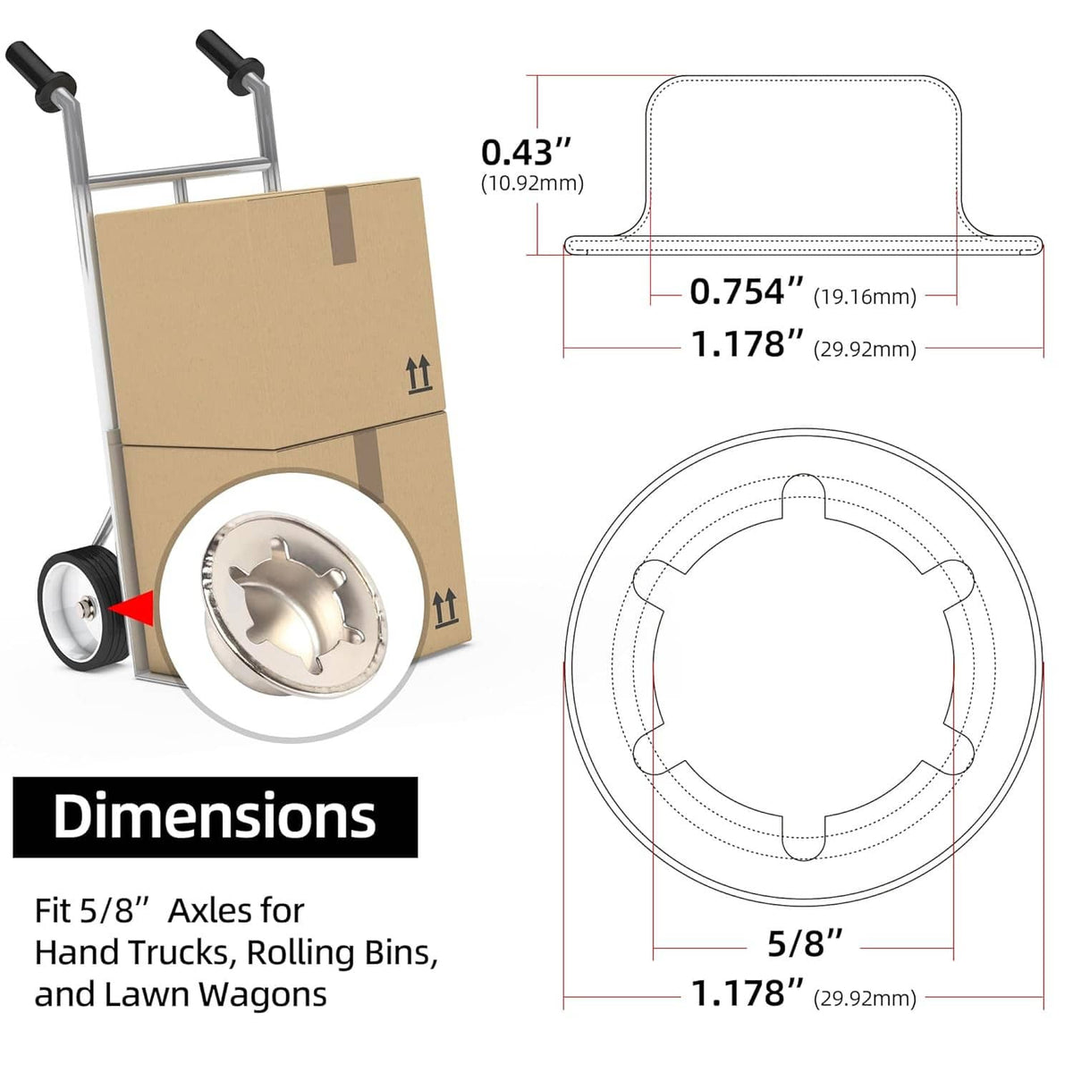 5/8 in axle cap size diagram with profile and top-view outline for fitting