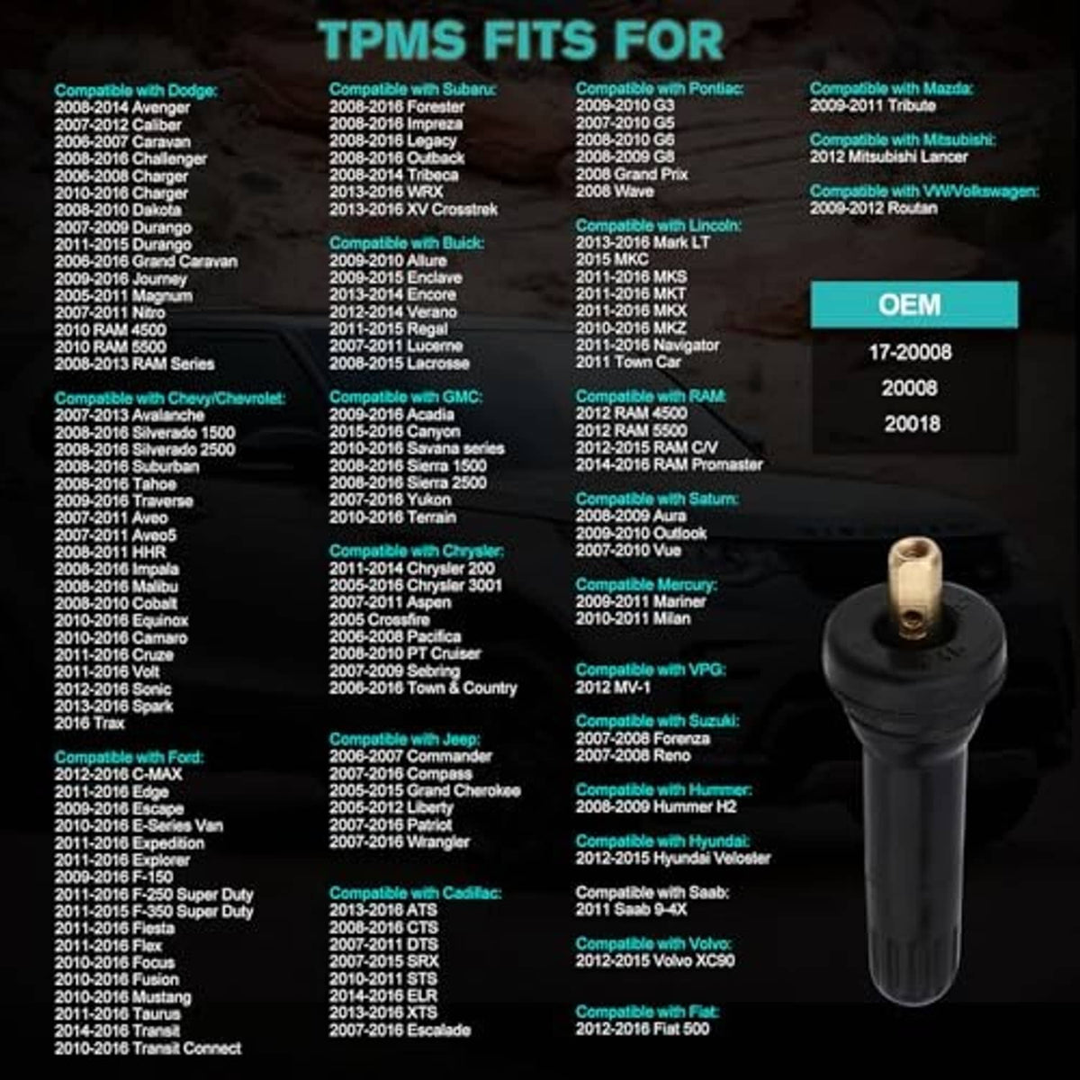 TPMS snap-in valve stem with brass valve top on dark graphic background