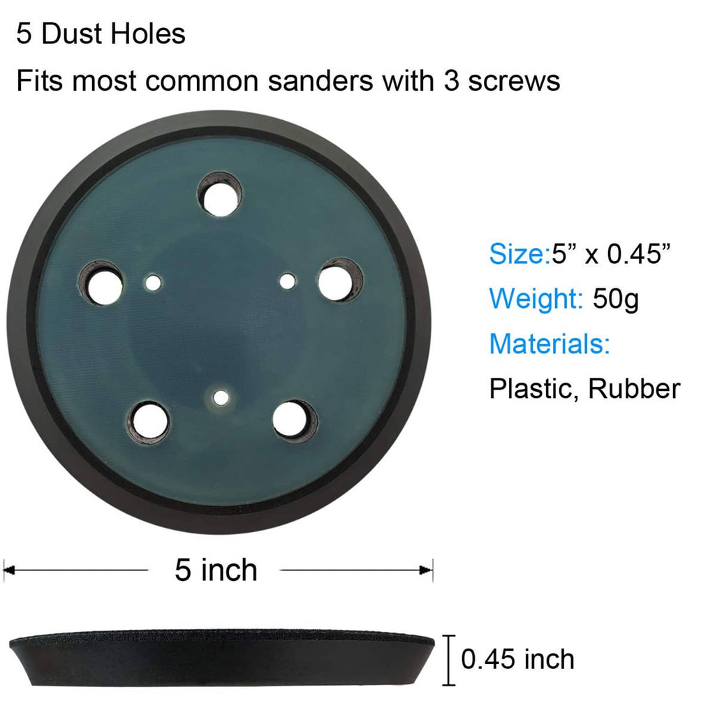 Round sanding pad diagram with five dust holes and black backing, ~0.45-inch thick