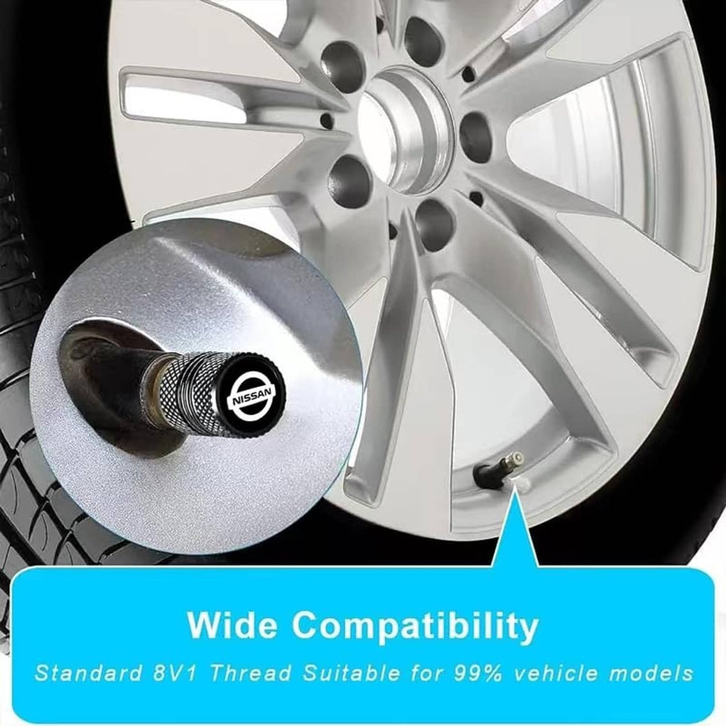 Black textured tire valve stem cap with Nissan logo, fitted to tire valve