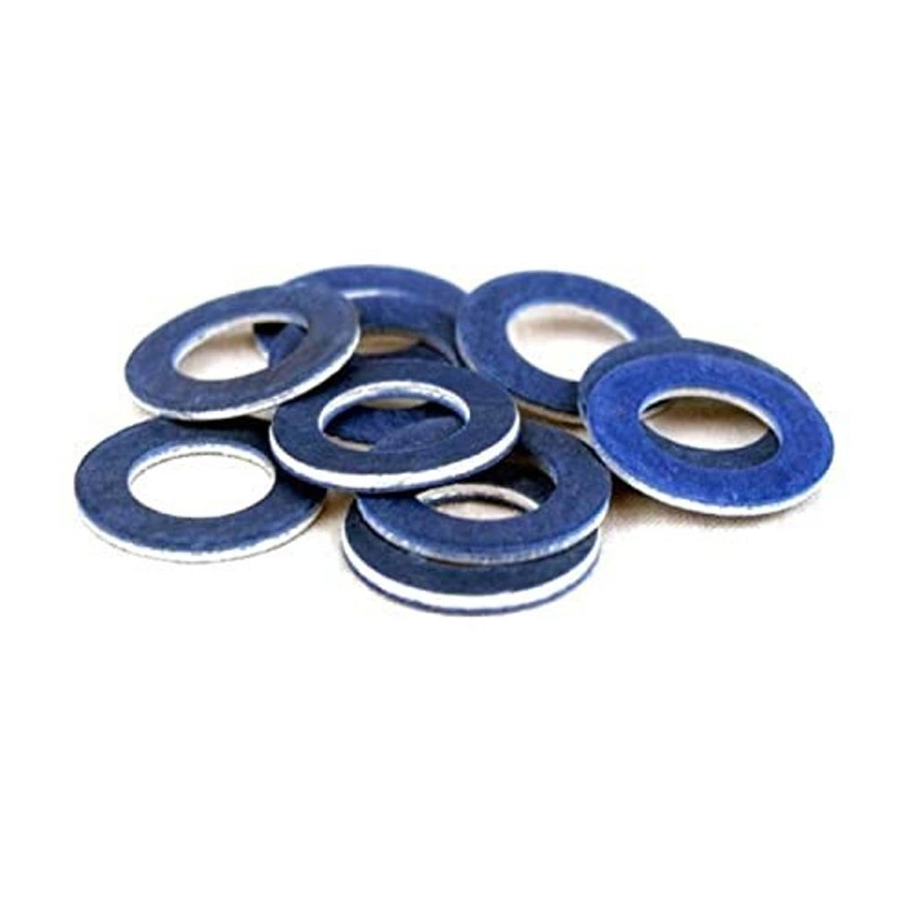 Blue oil drain plug gaskets, spread layers with round center holes