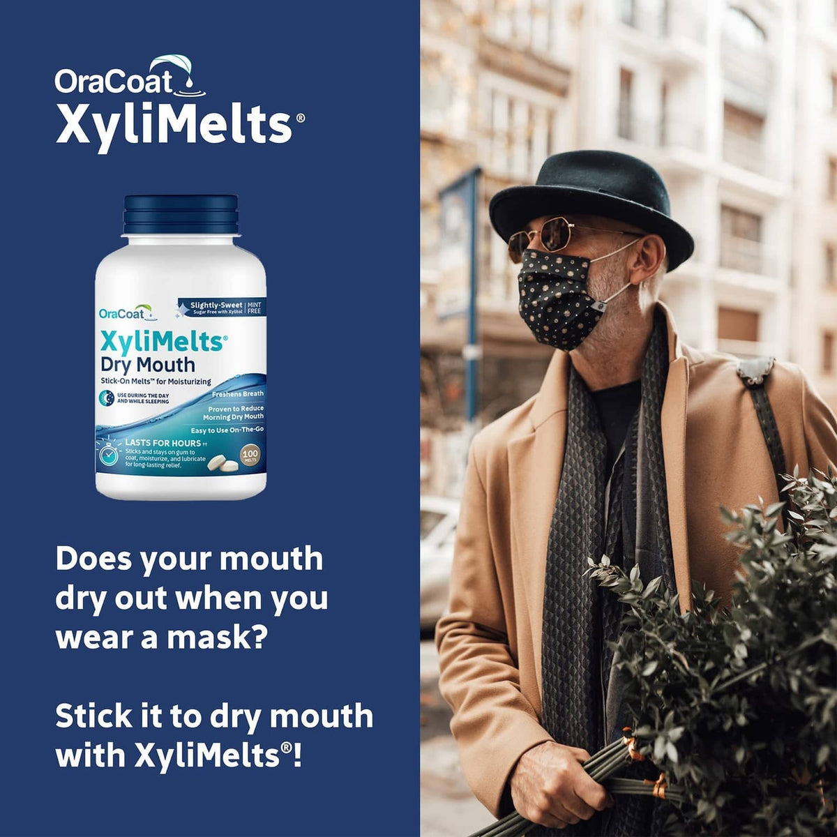 OraCoat XyliMelts Dry Mouth bottle shown with mask-wearing person