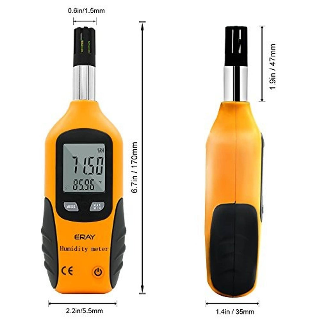 Digital humidity and temperature meter, orange and black, with LCD screen and probe.
