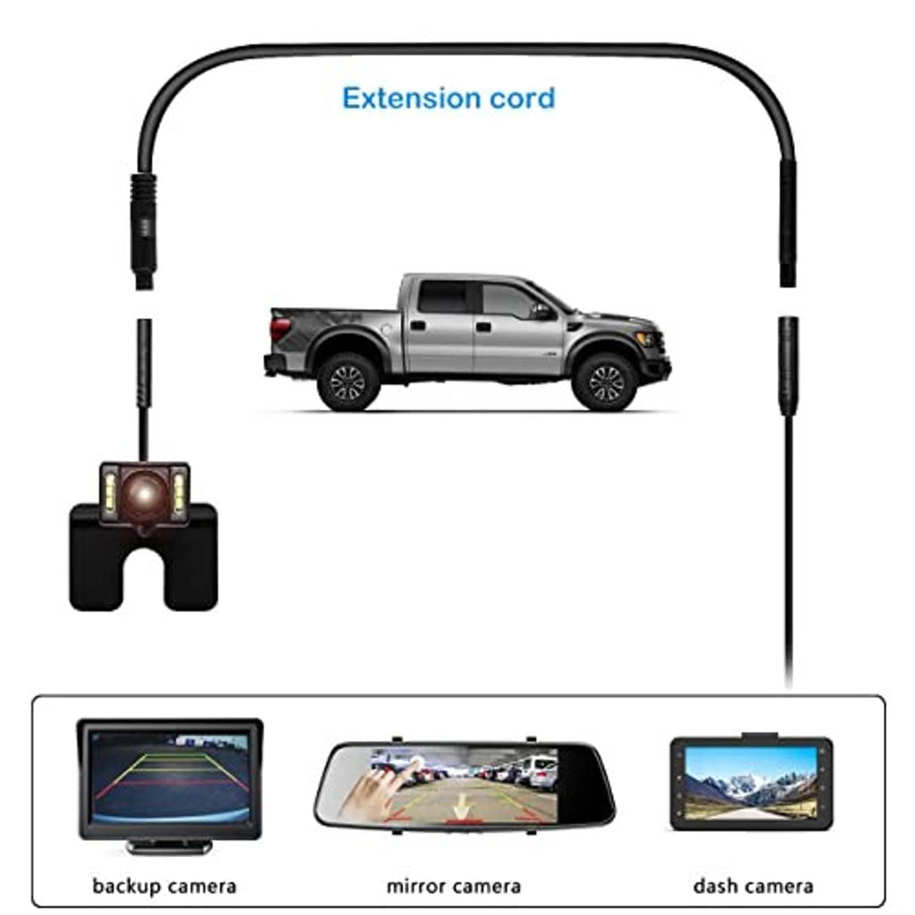 Dash cam extension cord with inline connector linking rear camera and monitor