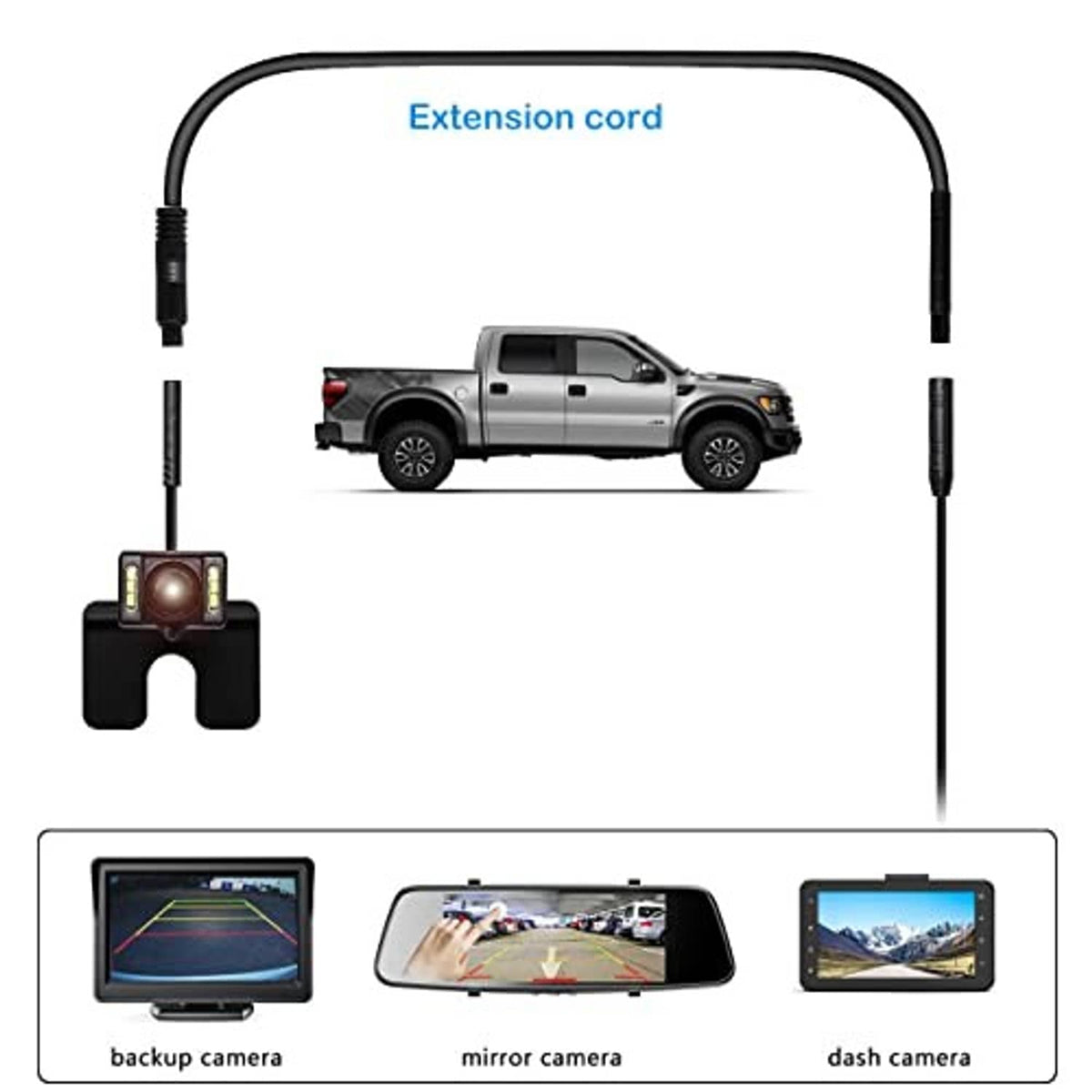 Dash cam extension cord with inline connector linking rear camera and monitor