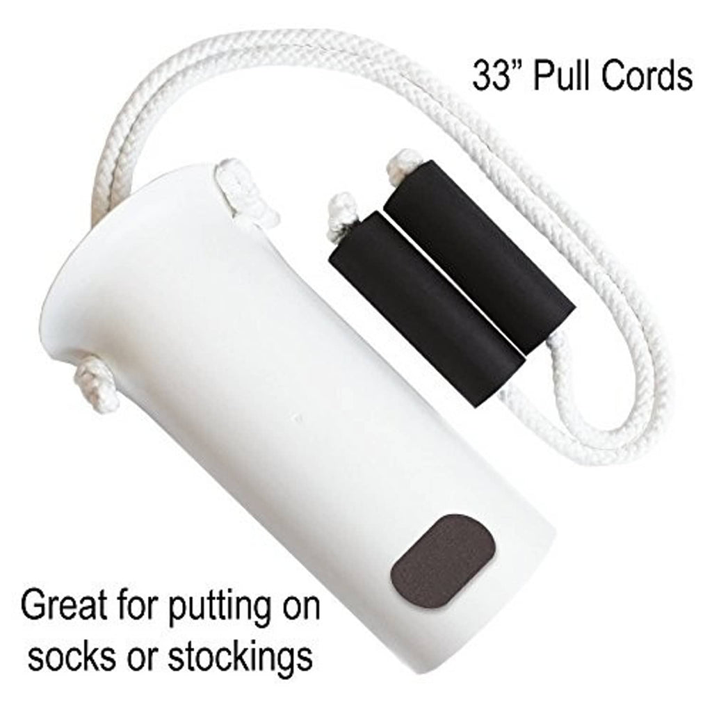 White sock aid with black ribbed slider, dark pad, and white pull cords