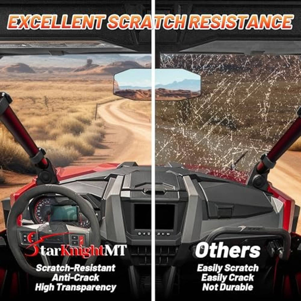 Clear UTV windshield panel with scratch-resistant finish and black frame