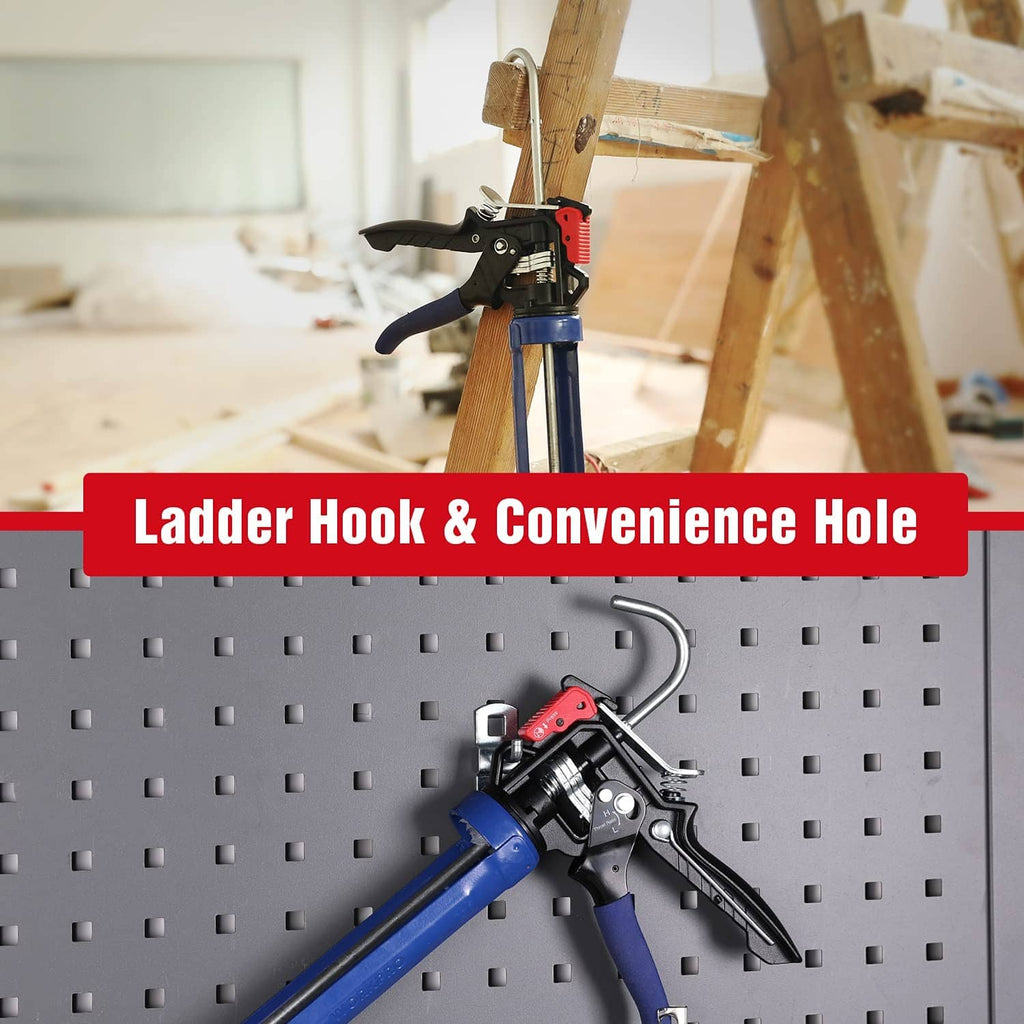 Caulking gun with ladder hook-style hanging notch and blue barrel