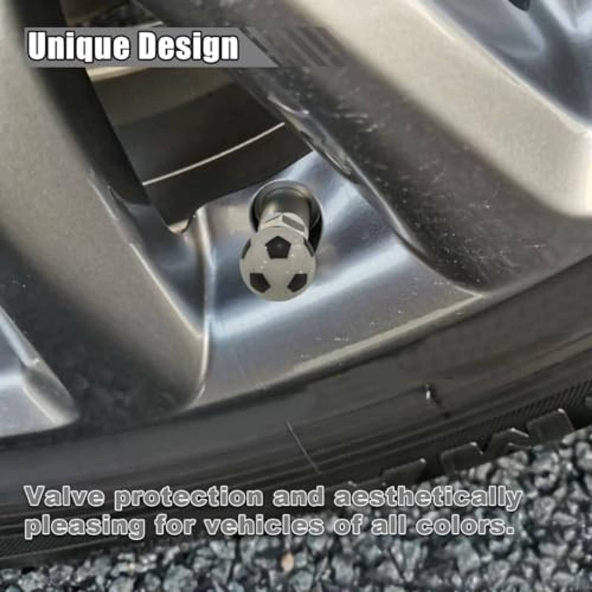 Soccer ball valve stem cap installed in a car wheel, black and white cap details visible.