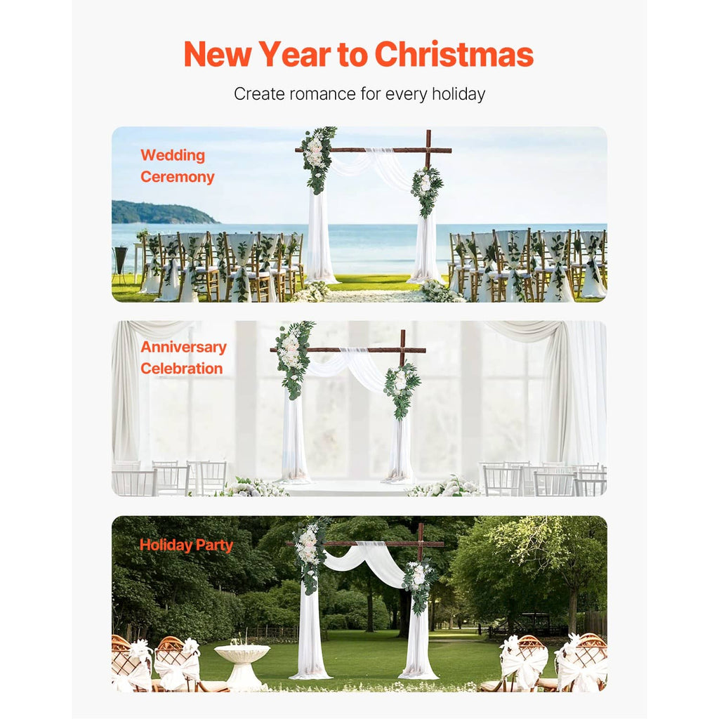 Artificial wedding arch set with greenery floral clusters and white curtain drapes