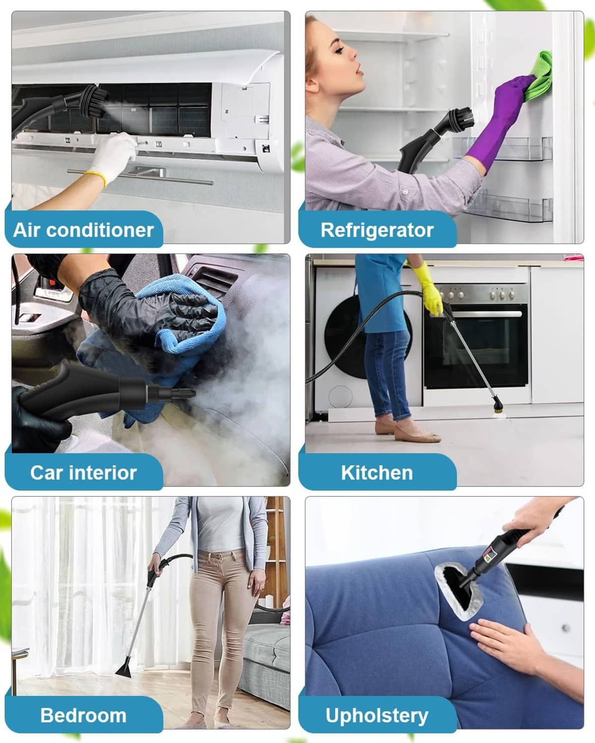 Handheld steam cleaner cleaning air conditioner, refrigerator, car interior, kitchen, and upholstery.