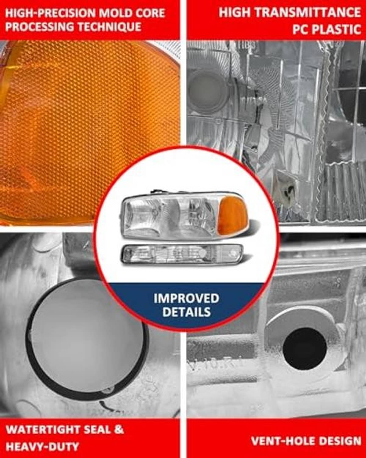 Close-up detail of chrome headlight lens with amber reflector and clear bulb sections