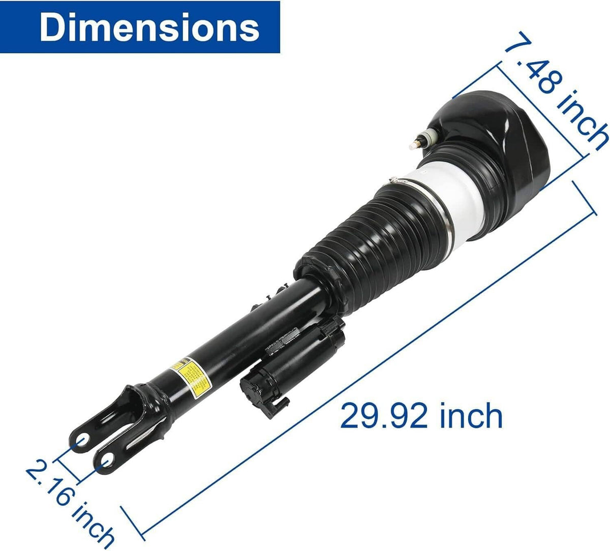 Single black air suspension shock strut with white air sleeve ring, shown with measurements