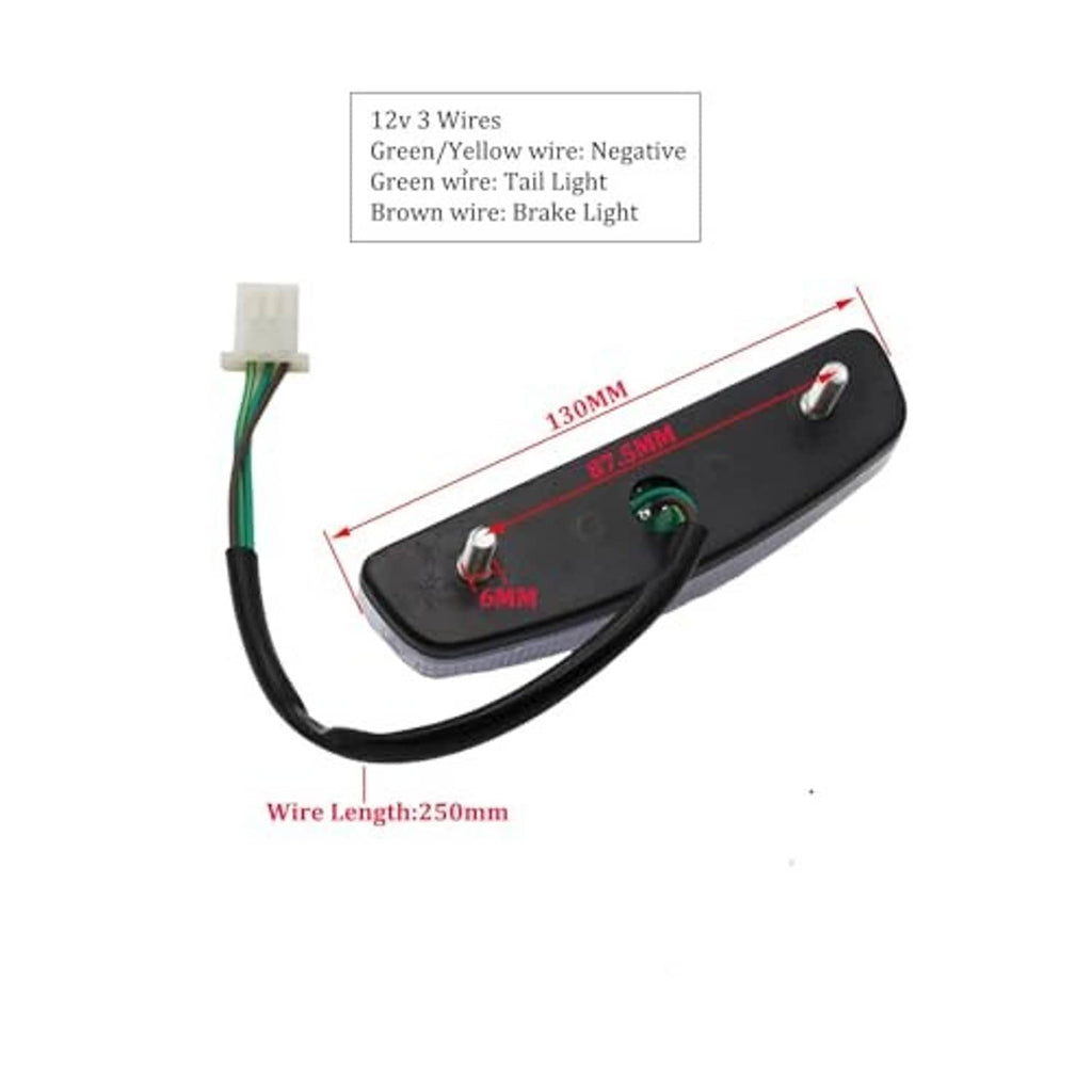 12V rear tail brake light with 3 wires, green/yellow and green, brown brake lead; 250mm