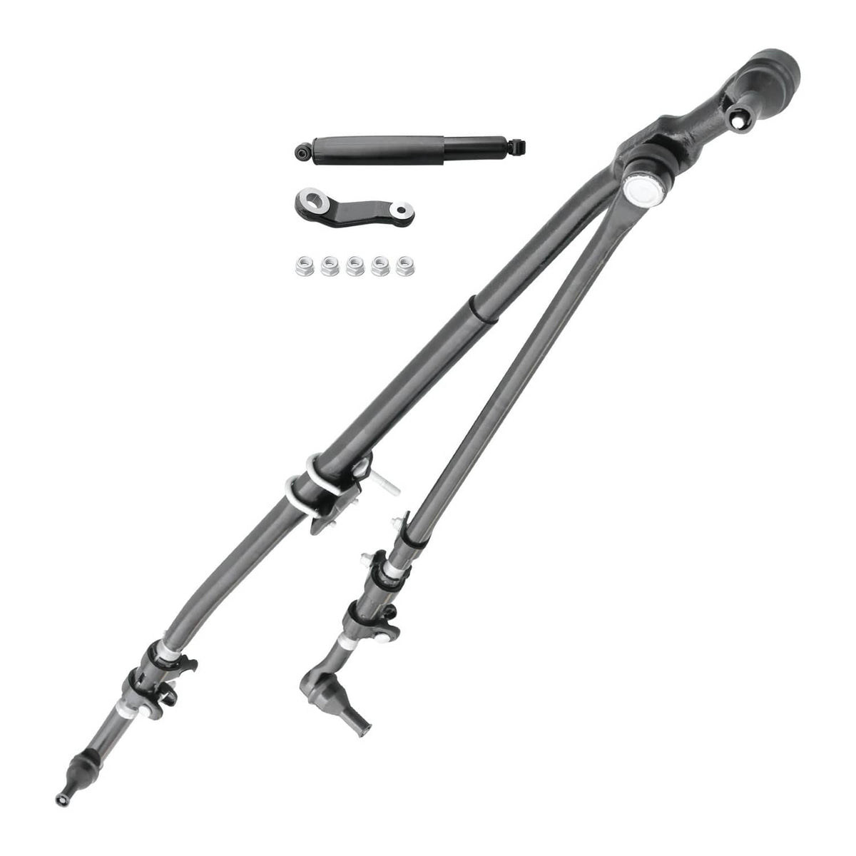 Steering linkage drag link tie rod kit set with bars, pitman arm, washers, and nuts