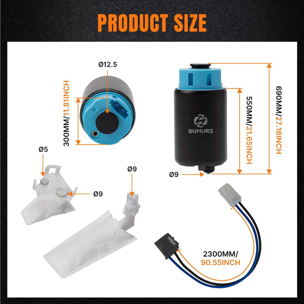 Fuel pump size diagram with key dimensions for fitment