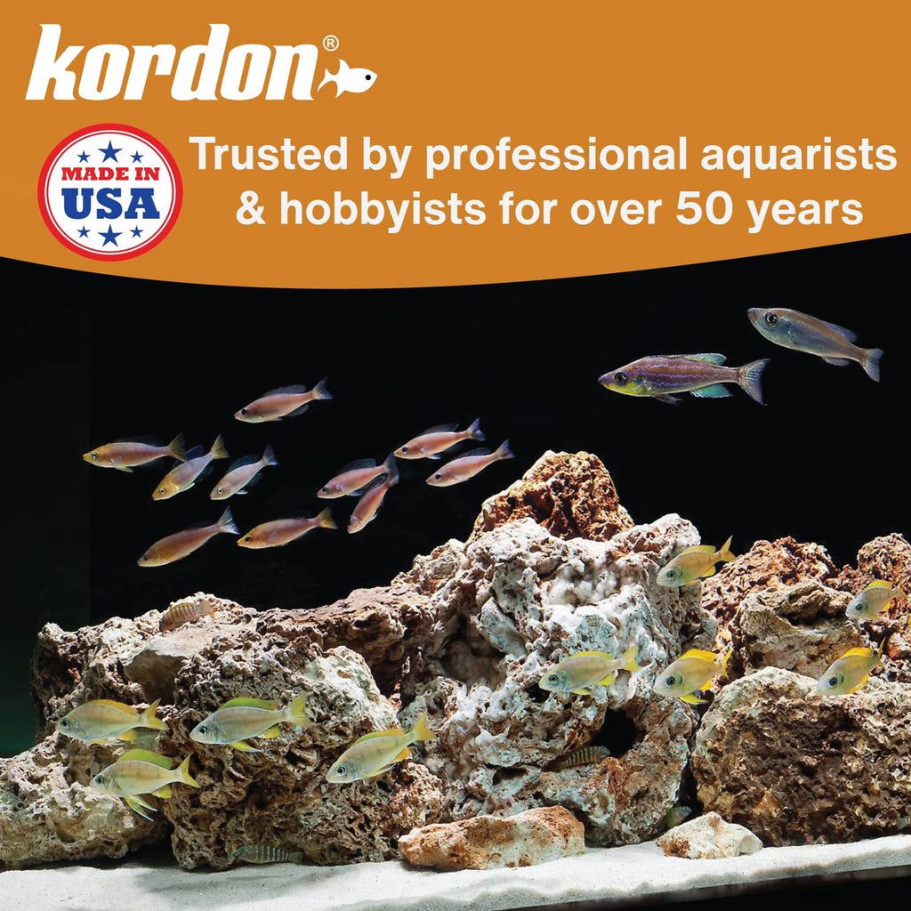 Kordon aquarium conditioner promotional graphic with fish over coral reef