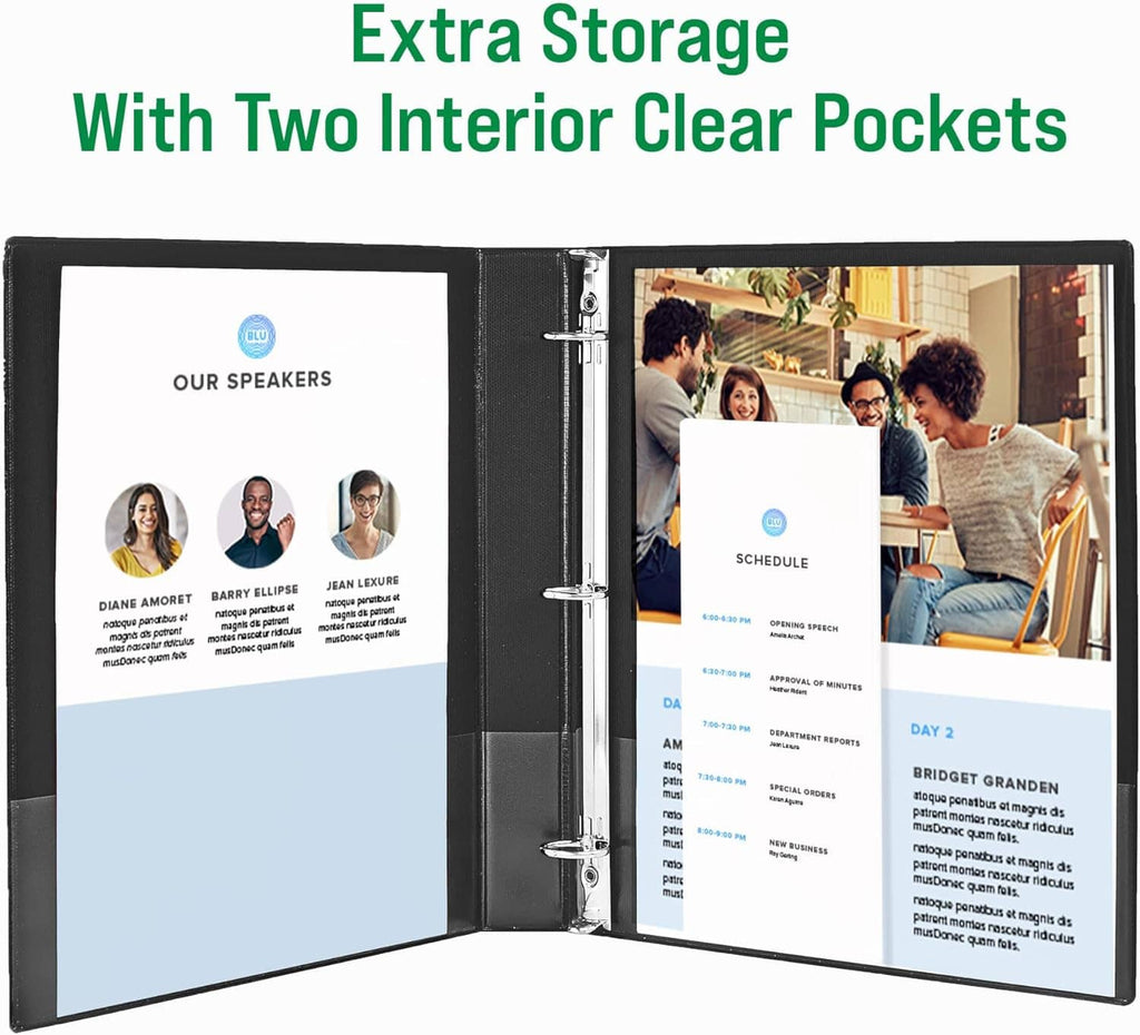 Economy view binder open with two interior clear pockets for handouts or inserts