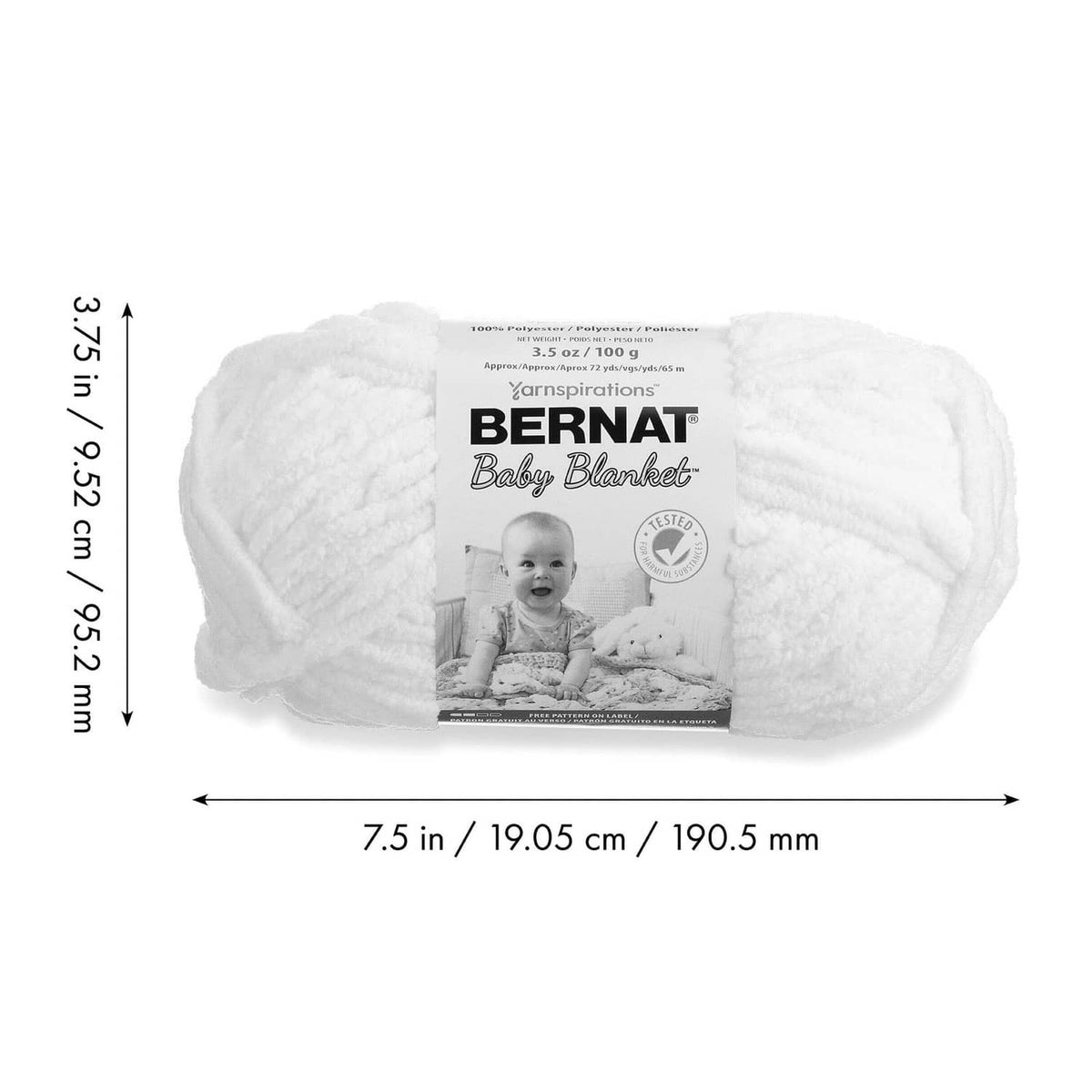 White Bernat Baby Blanket super bulky chenille yarn skein with size dimensions