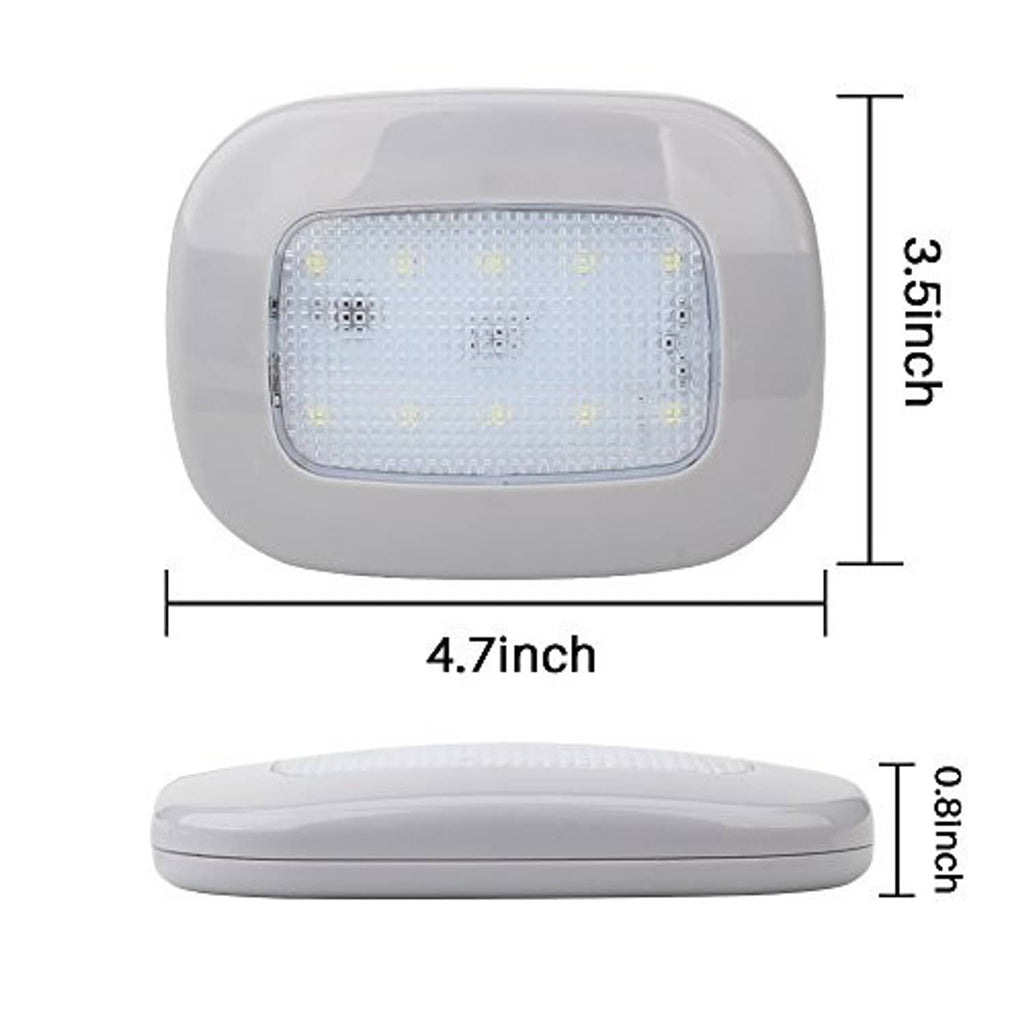 Gray oval dome LED light with clear rectangular lens, front view with size marks