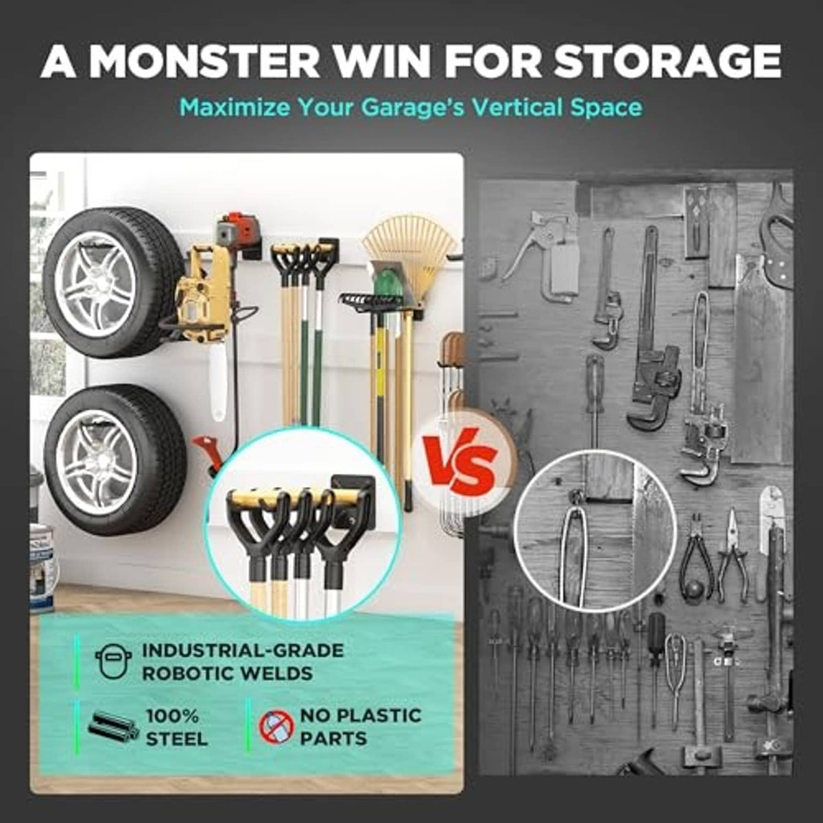 Black double wall-mount garage storage hooks with curved hanging arms and bolts