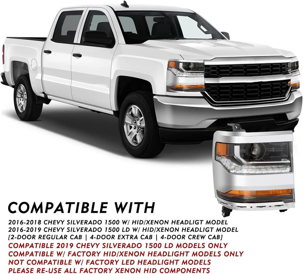 Chrome headlight kit next to white pickup truck front corner with amber indicators
