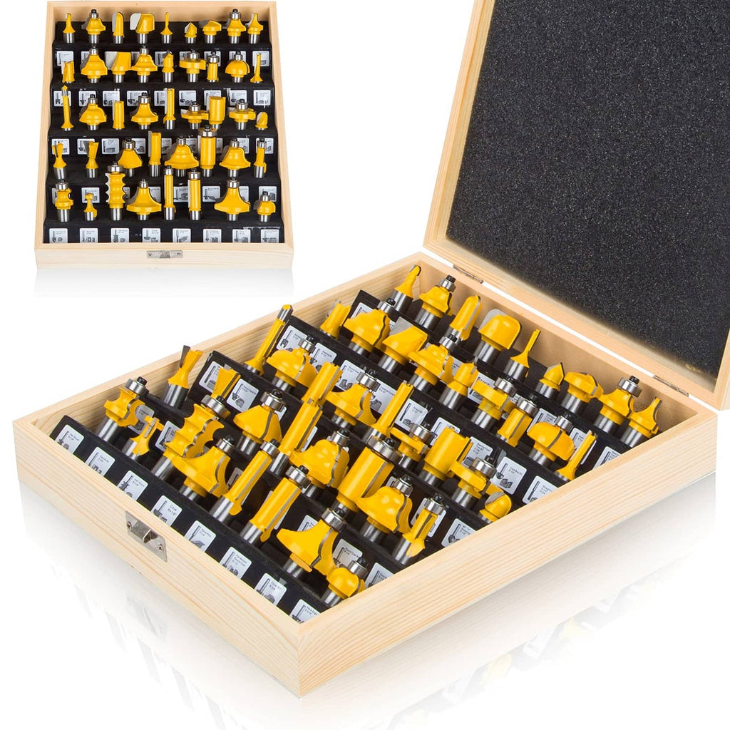 Wooden router bit set box with multiple yellow-and-silver carbide bits