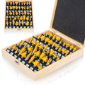 Wooden router bit set box with multiple yellow-and-silver carbide bits