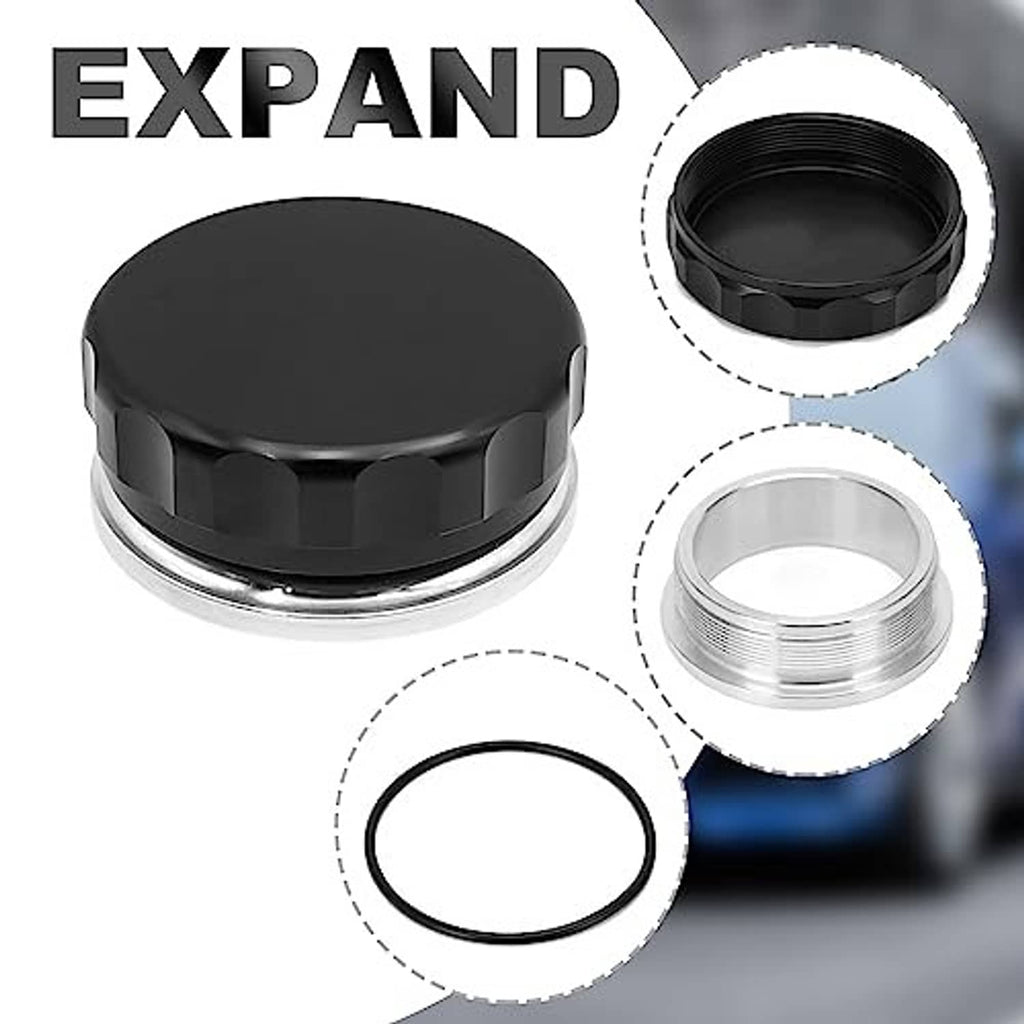 Black filler cap with matching base ring, threaded insert, and rubber gasket