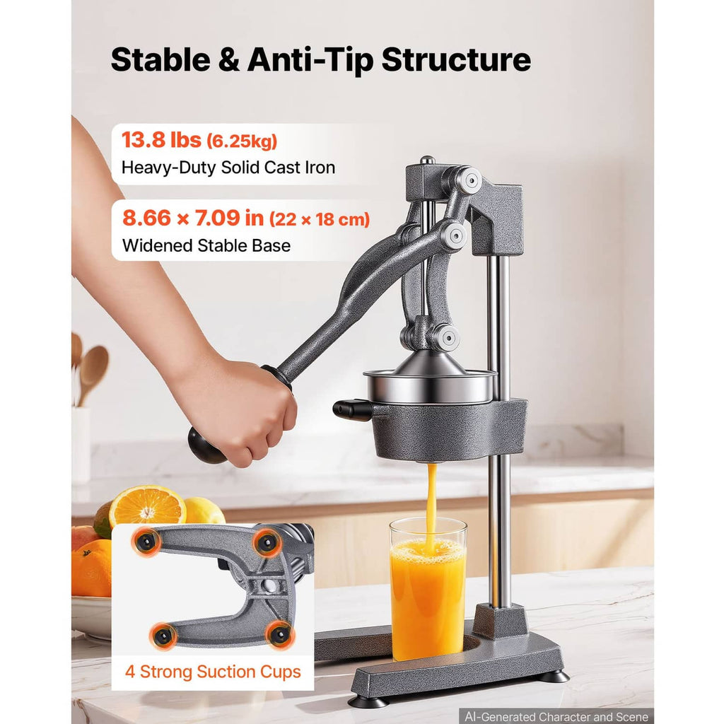 Manual citrus juicer with wide anti-tip base and two handles, silver-gray finish