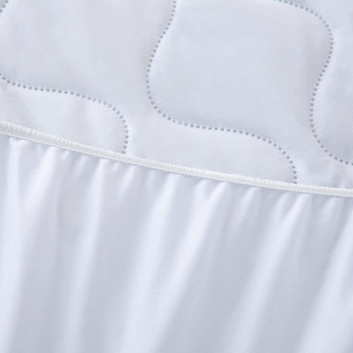 Waterproof mattress protector pad, white stitched hem and dotted quilting pattern