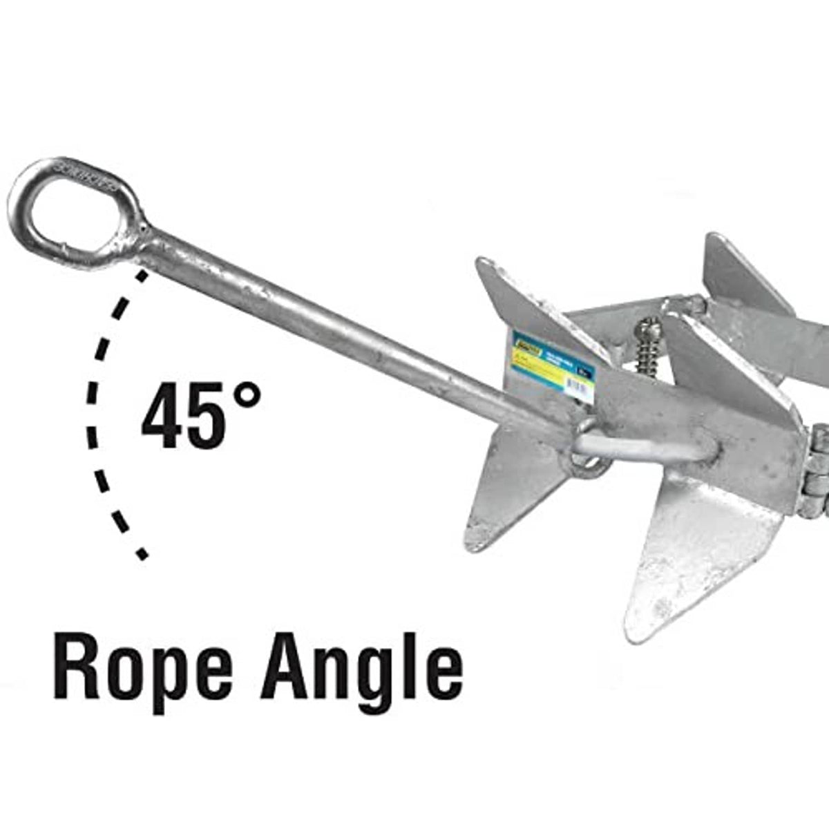 Galvanized steel anchor showing rope angle with ring and three pointed flukes