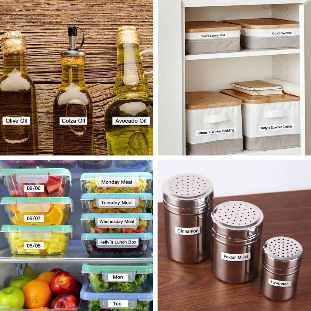Printed labels on kitchen containers and spice jars for organizing food items