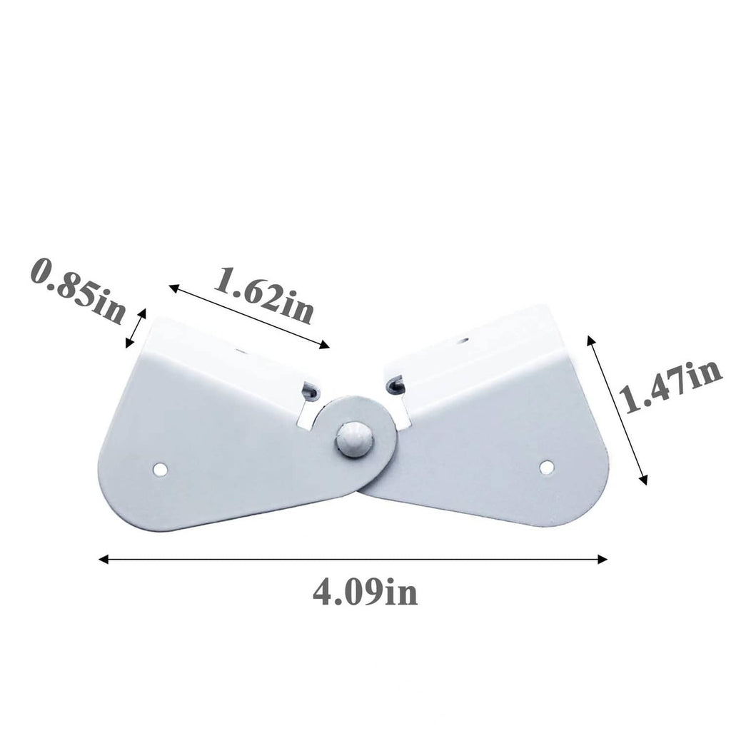 White gutter downspout flip-up hinge bracket with center pin and mounting holes, size marked