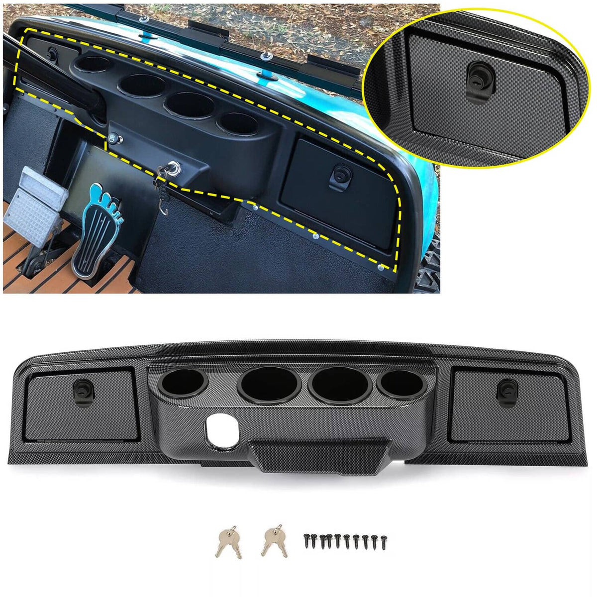 Carbon fiber dash cover with four cup holder cutouts and side mounting holes, dark gray