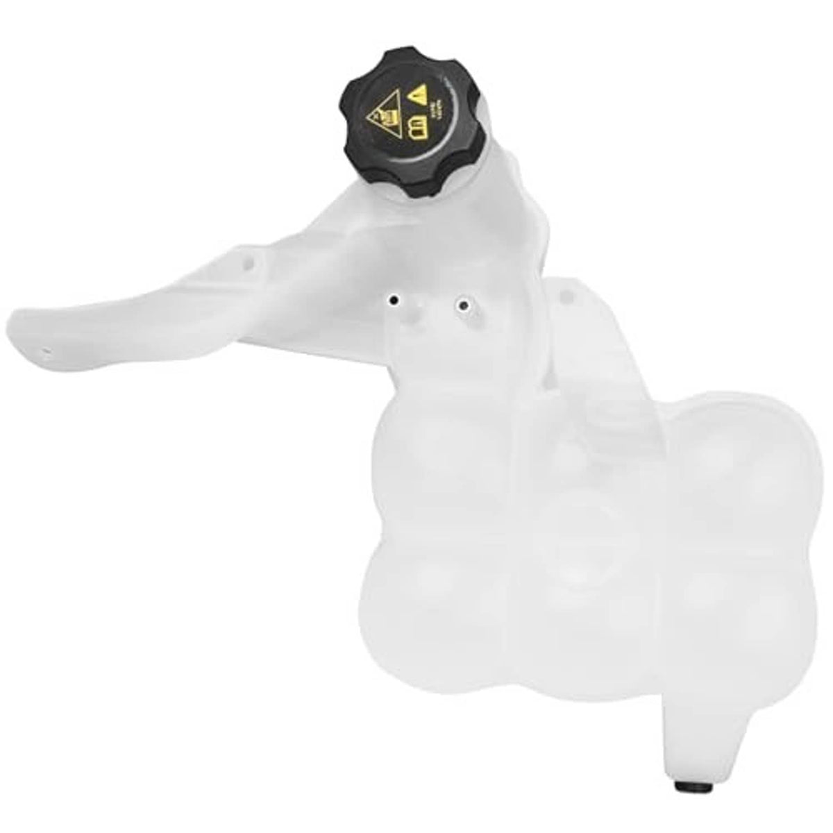 White coolant reservoir tank with black warning cap and sensor ports
