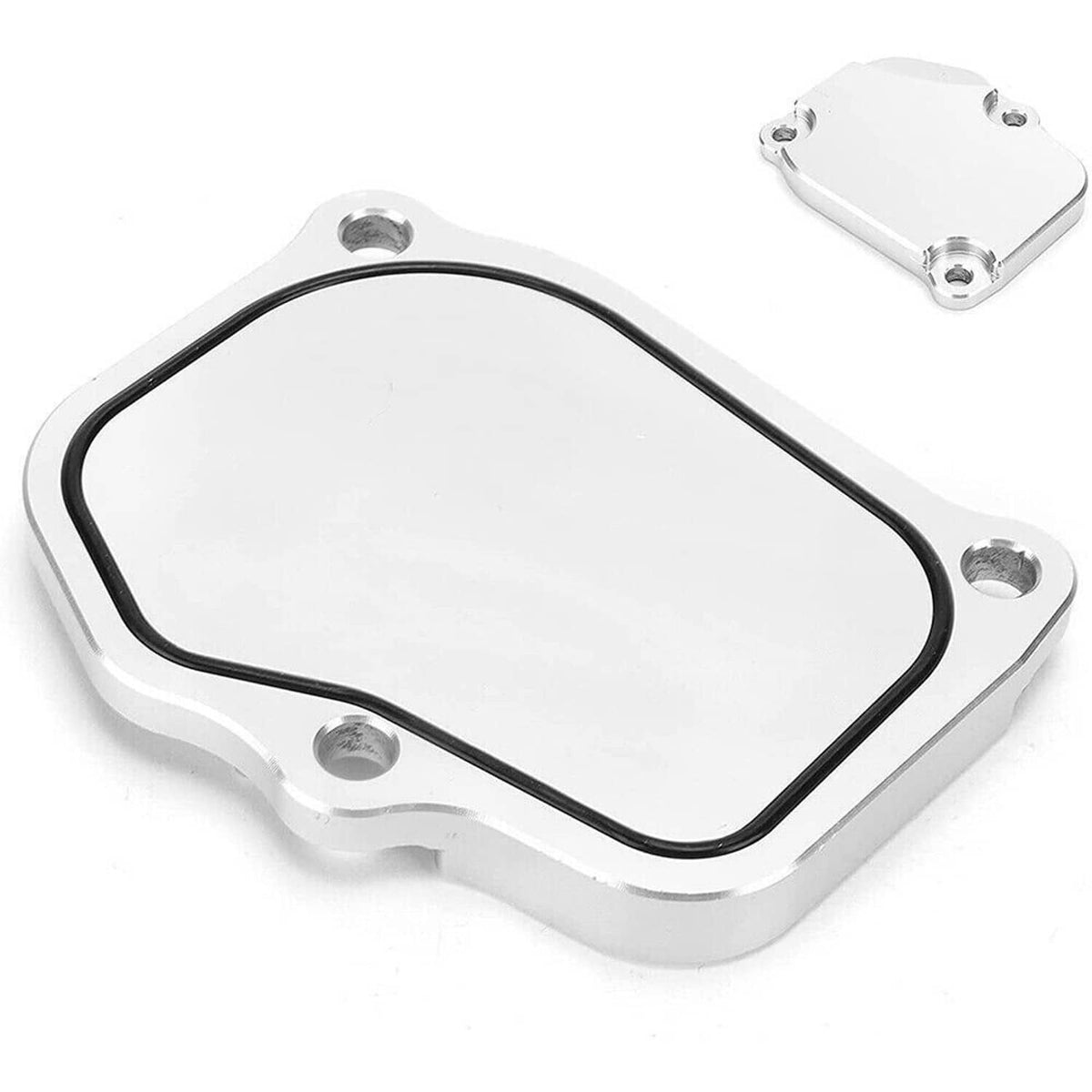 Billet timing cover plate with black gasket seal and matching cover hardware, silver