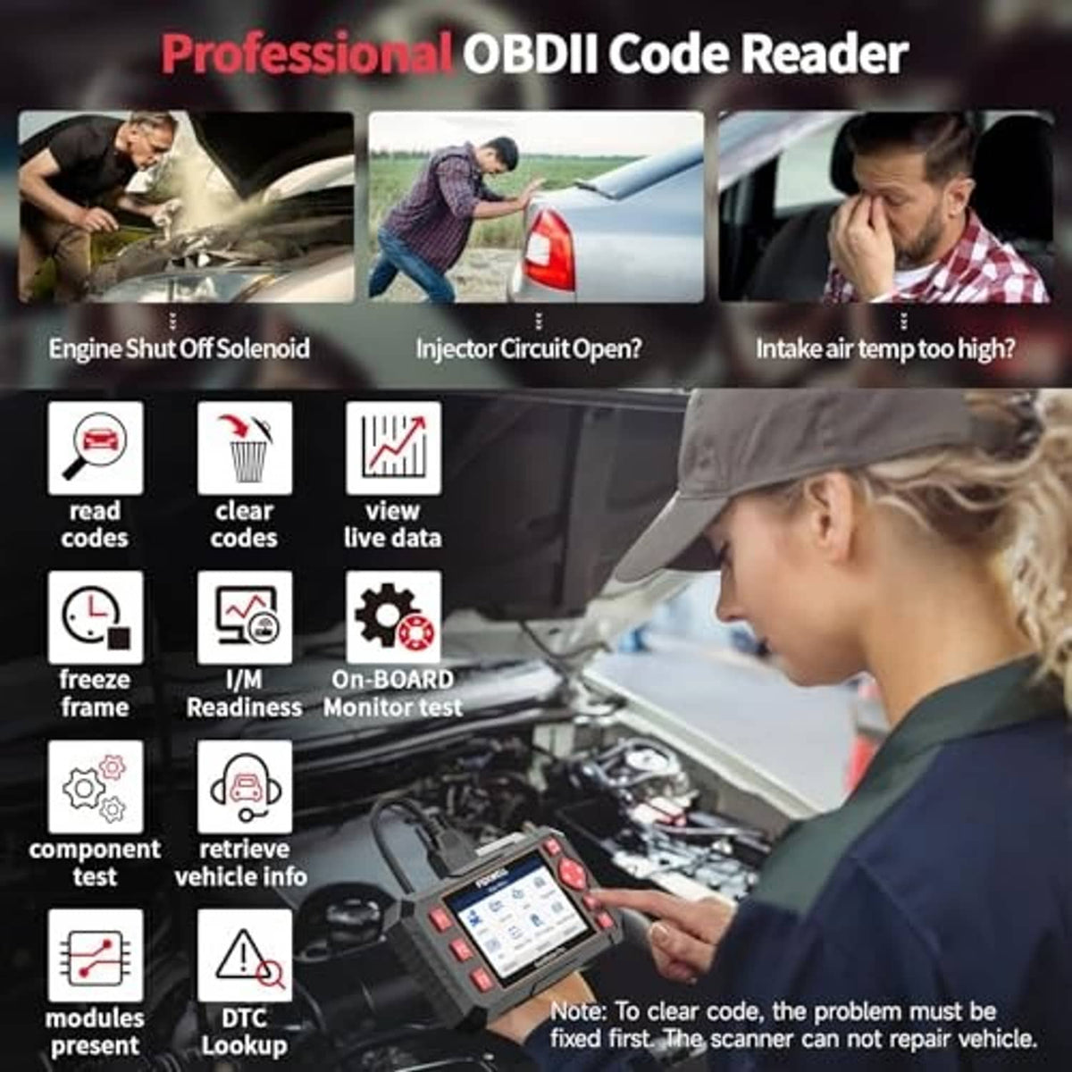 Technician using a handheld OBD2 code reader on a car engine with a color screen