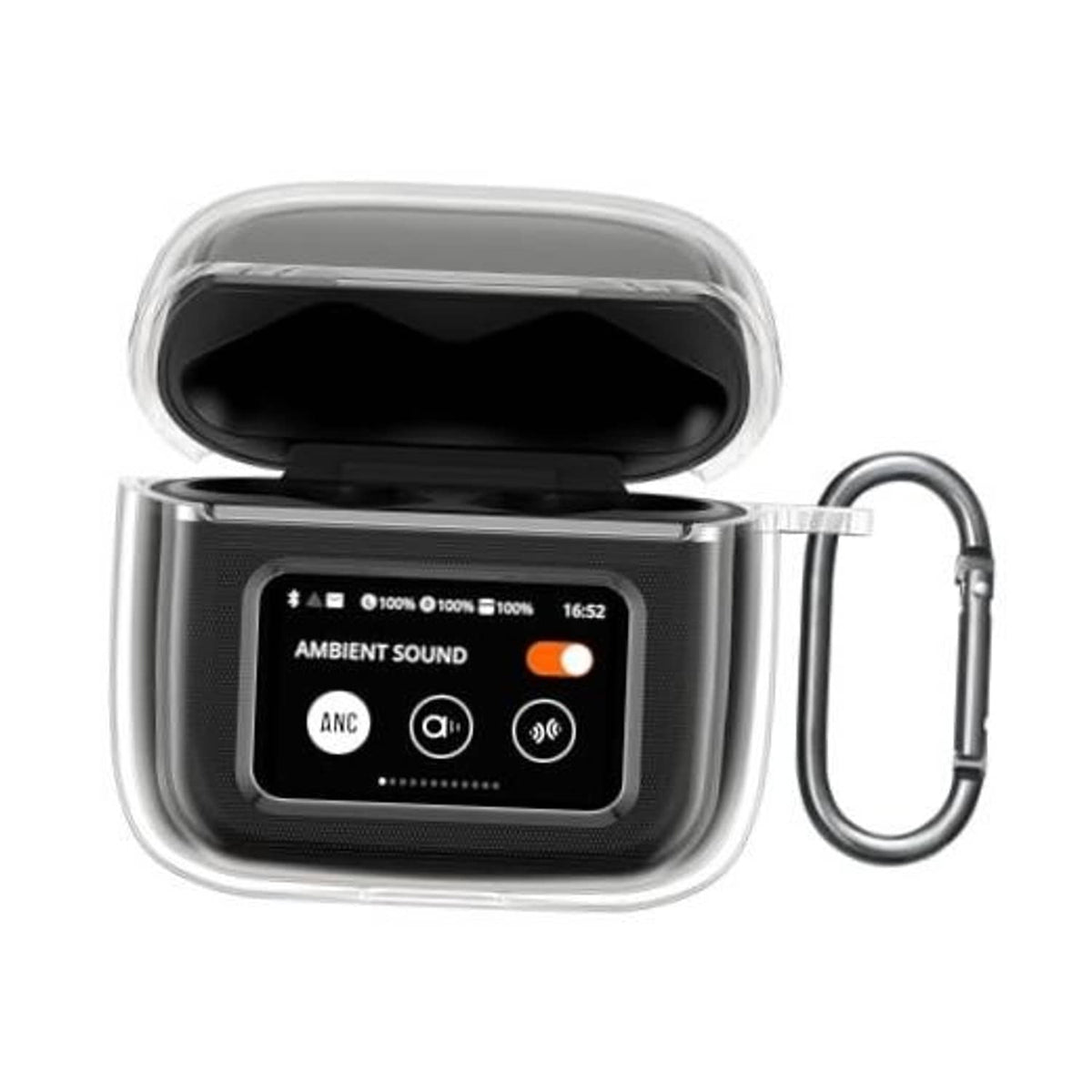 Clear TPU earphone case with open lid and hook loop for protection.