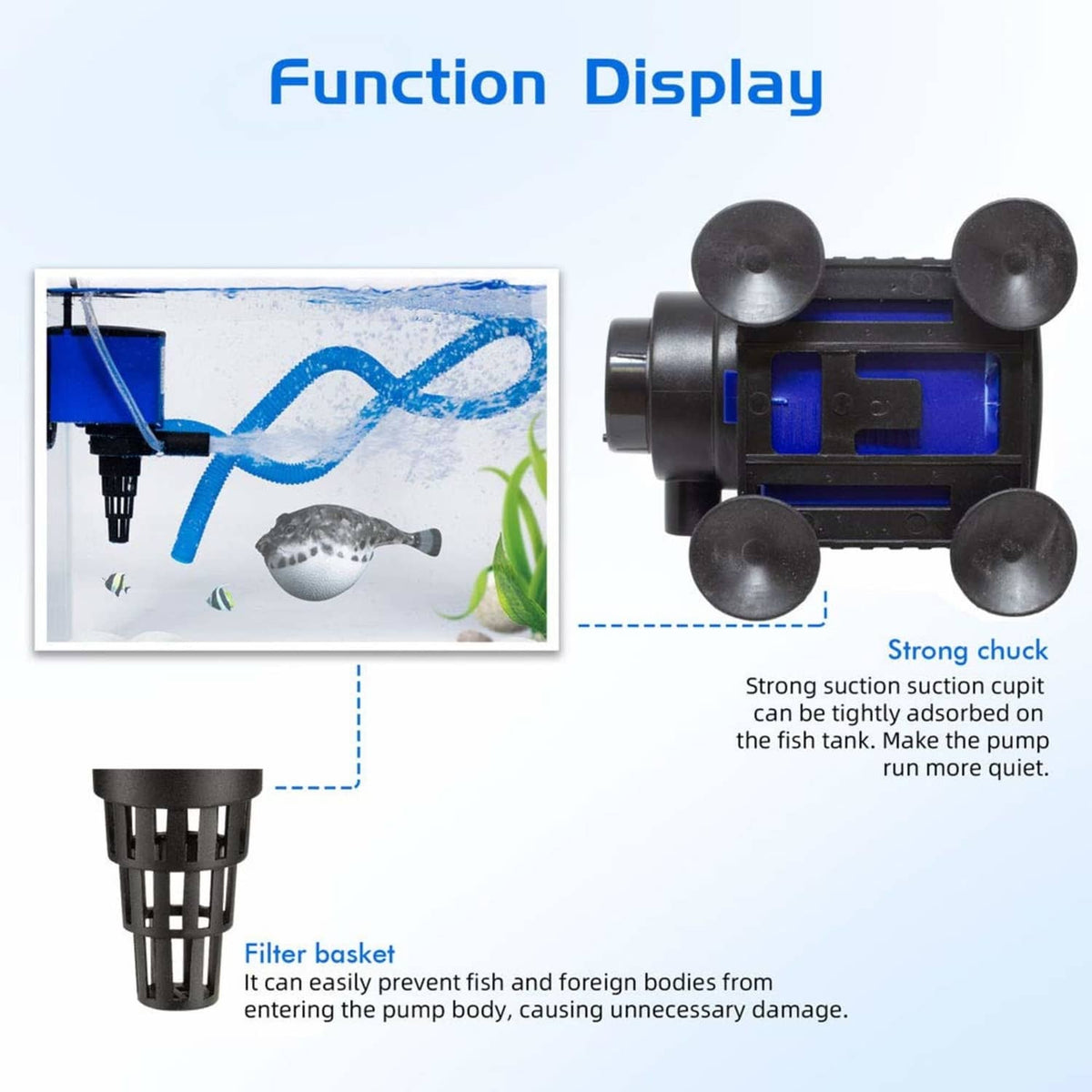 Submersible pump with suction cups, black filter basket, and clear corrugated pipe